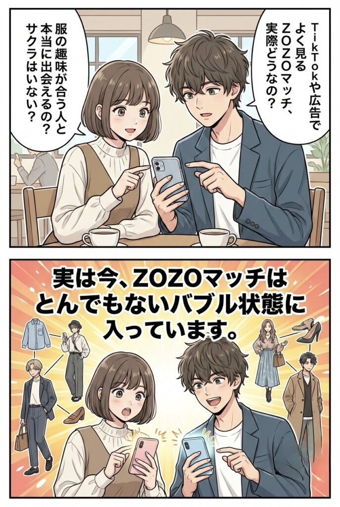 ZOZOマッチの口コミや評判・バブル状態について解説する男女の漫画