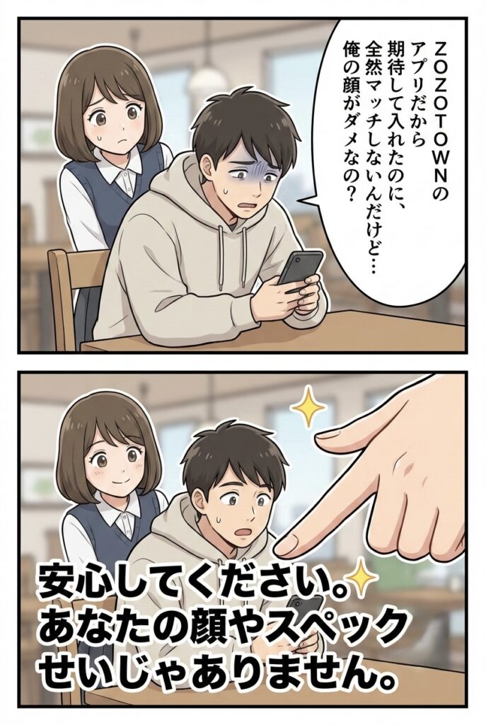 ZOZOマッチでマッチせず悩む男性と「あなたのせいじゃない」と励ます女性のマンガ