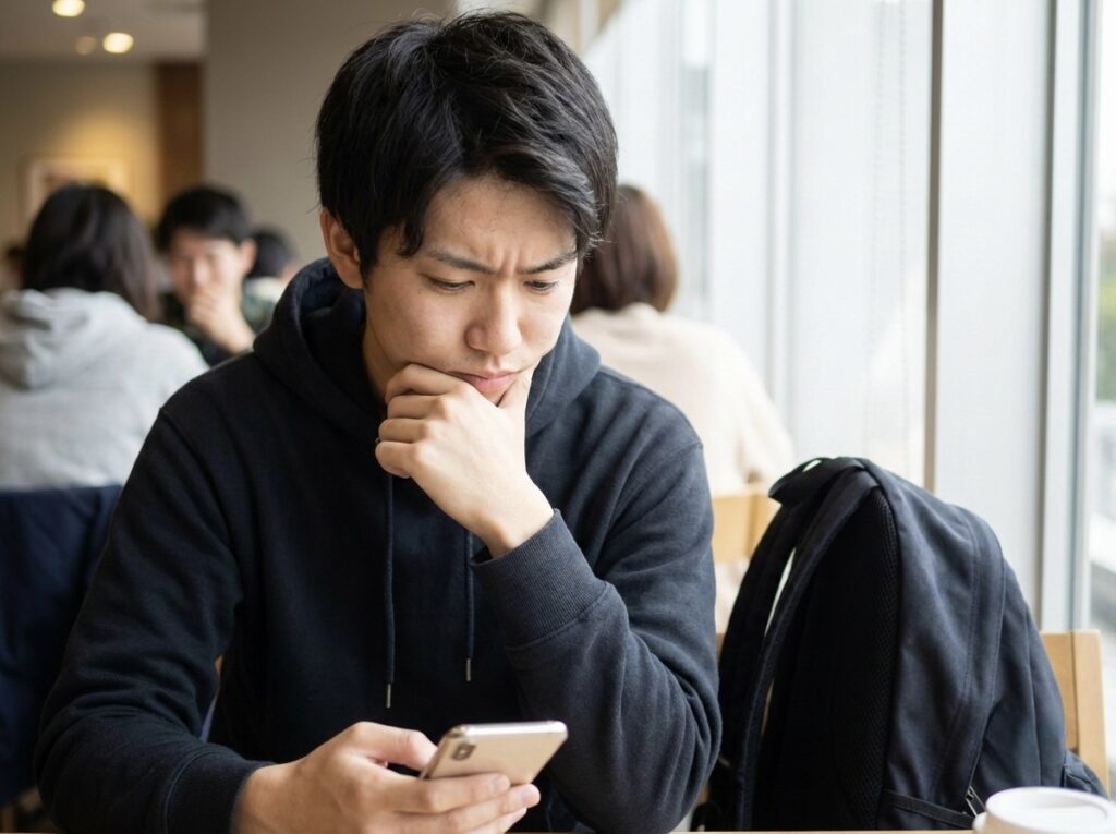 ZOZOマッチで全然マッチせずスマホを見て悩む男性