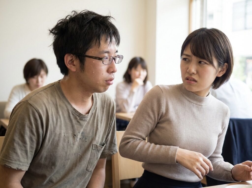 カフェで汗をかき挙動不審な男性から、困惑した表情で距離を取っている女性。