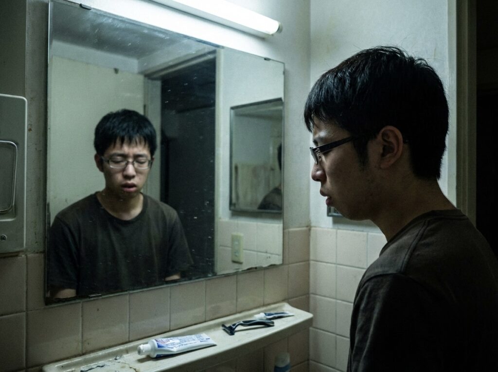 鏡を見て自分の容姿に落ち込み、深い溜息をついている眼鏡の男性。