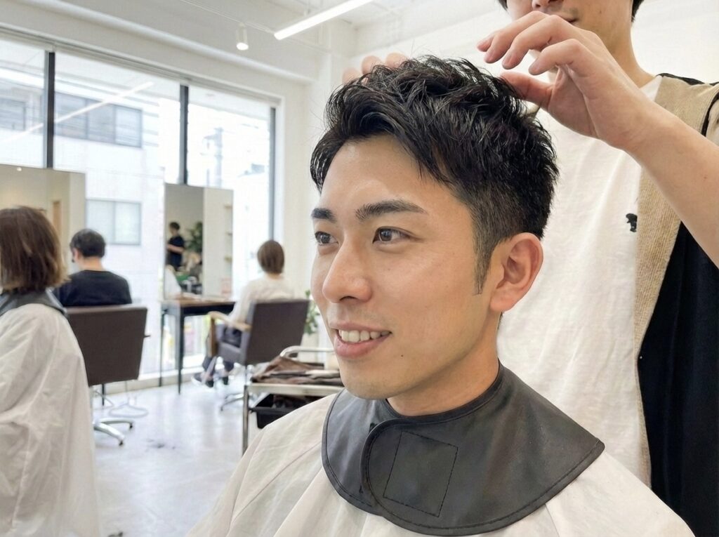 美容室でカットを終え、眼鏡を外して爽やかな笑顔を見せる男性。清潔感のある髪型へのビフォーアフター成功例。