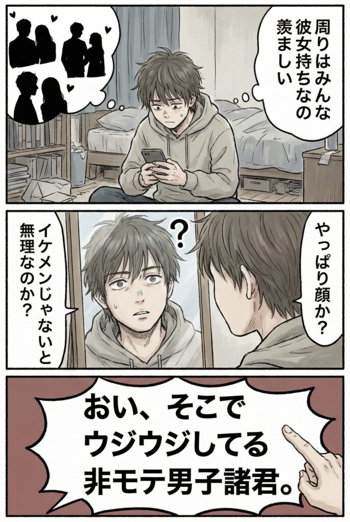 周りのカップルが羨ましい、イケメンじゃないと無理なのかと鏡を見て悩む男子高校生の漫画イラスト