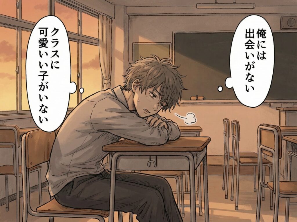 クラスに可愛い子がいない、出会いがないと教室で机に突っ伏して悩む男子高校生
