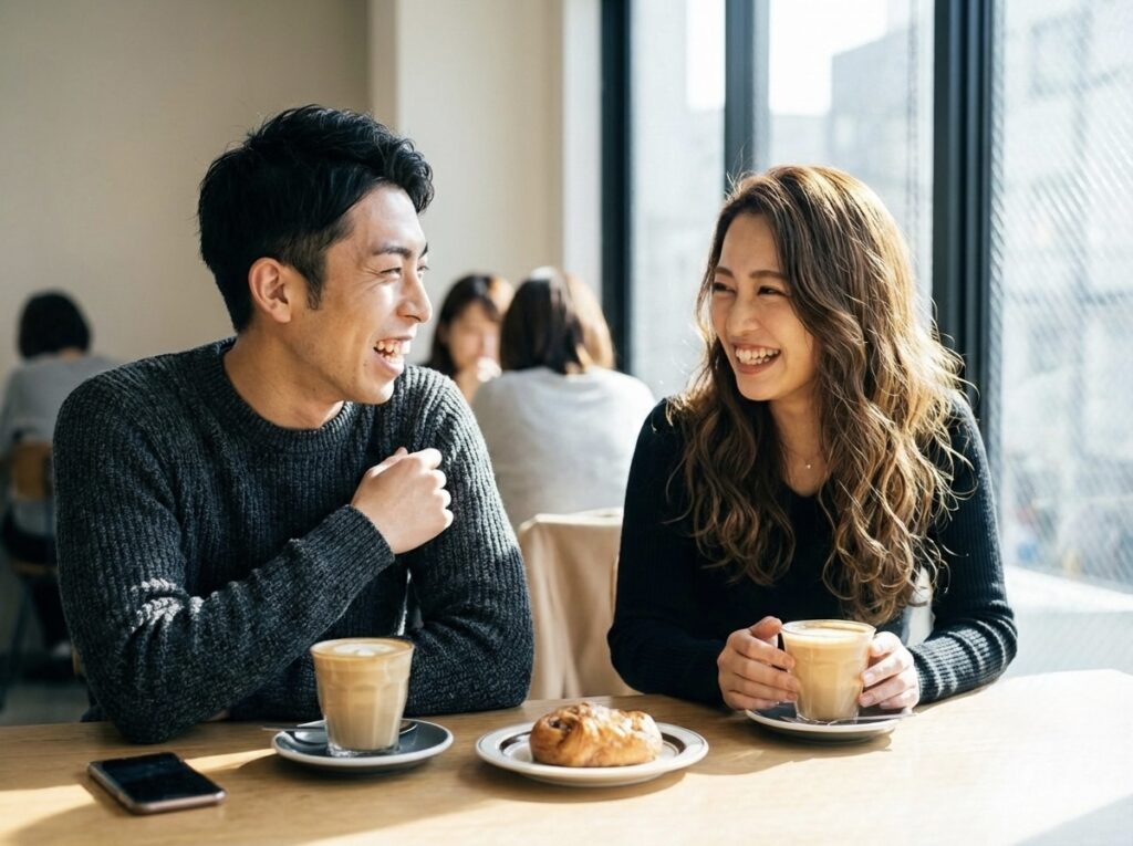 おしゃれなカフェで、笑顔で女性と楽しく会話をしている清潔感のある爽やかな男性。脱チー牛後の成功イメージ。