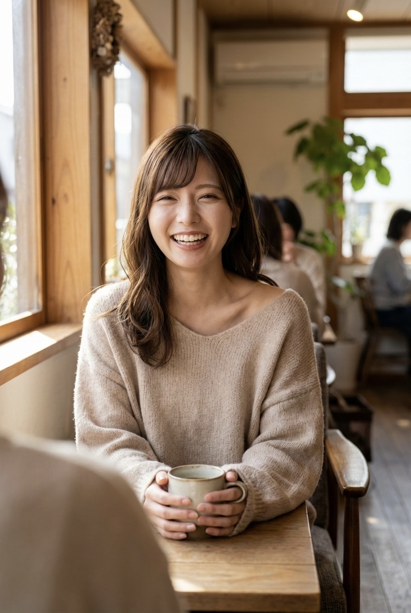 自然光が差し込むカフェで、リラックスして笑っているニット姿の女性