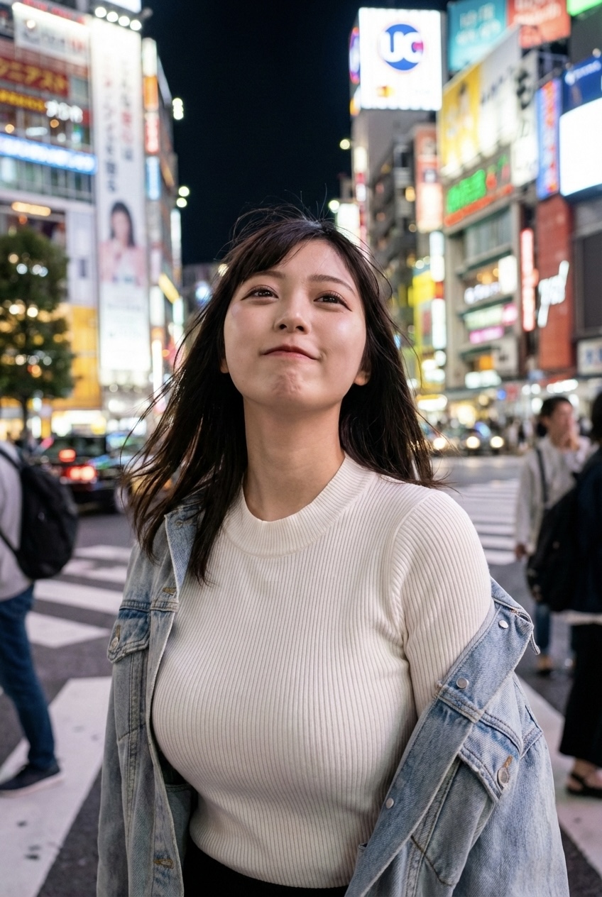 夜の街でこちらを見つめる、スタイルが良くノリの良さそうな女性