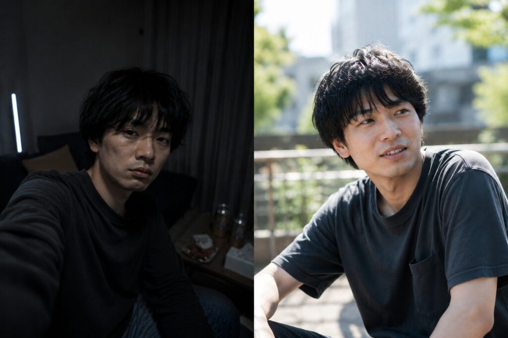 プロフィールのBefore(暗い部屋での自撮り)/ After(自然光の中での笑顔・他撮り)の劇的な比較画像