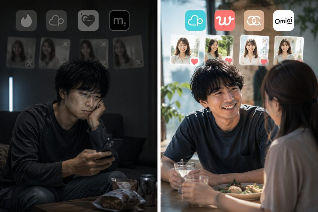 アプリを使い分け、自分に合ったスタイルでデートを楽しむ大人の比較図