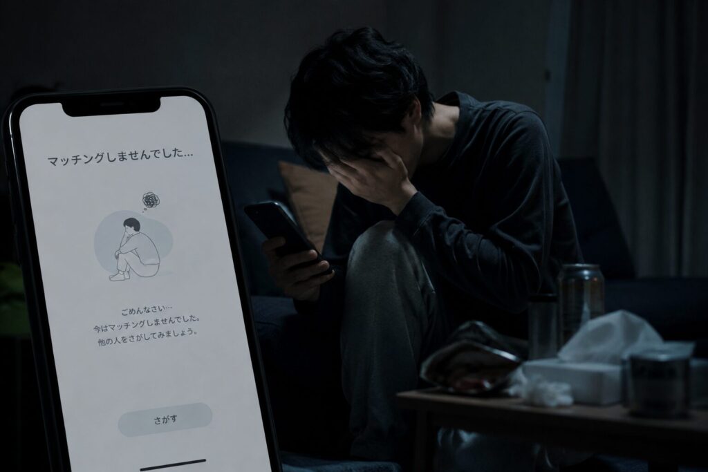 暗い部屋でスマホを眺め、マッチングしない画面に絶望する人