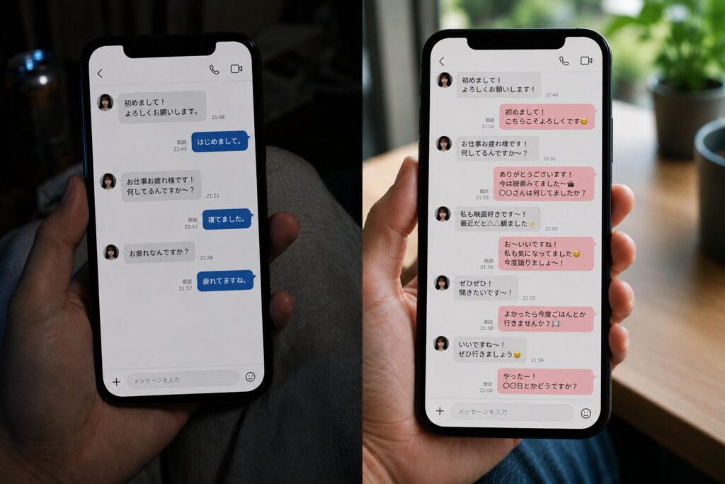 既読無視される定型文メッセージと、盛り上がってデートが決まるメッセージのチャット画面比較